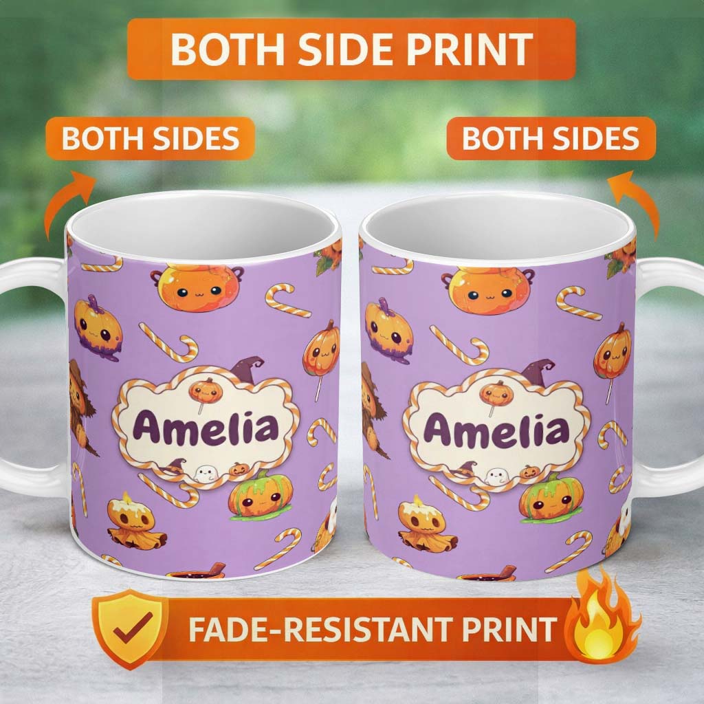 Personalized Custom Name Cute Kawaii Halloween Pumpkin Witch Candy Seamless Pattern Purple 11oz Ceramic Coffee Tea Mug White Large Handle
