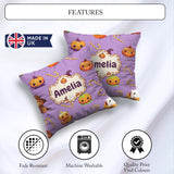 Custom Name Kawaii Halloween Pumpkin Witch Candy Seamless Purple Square Filled Cushion Throw Pillow Sofa Bed Home Decor Zip Washable UK Made