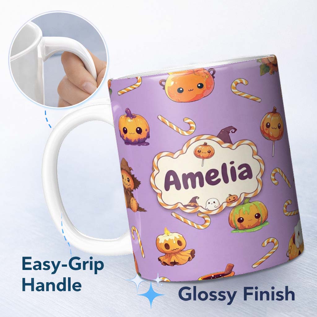 Personalized Custom Name Cute Kawaii Halloween Pumpkin Witch Candy Seamless Pattern Purple 11oz Ceramic Coffee Tea Mug White Large Handle