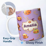 Personalized Custom Name Cute Kawaii Halloween Pumpkin Witch Candy Seamless Pattern Purple 11oz Ceramic Coffee Tea Mug White Large Handle