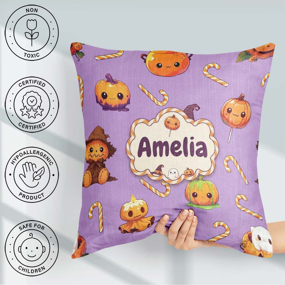 Custom Name Kawaii Halloween Pumpkin Witch Candy Seamless Purple Square Filled Cushion Throw Pillow Sofa Bed Home Decor Zip Washable UK Made