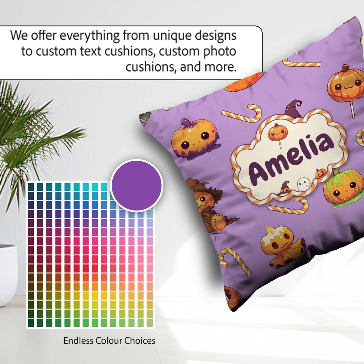 Custom Name Kawaii Halloween Pumpkin Witch Candy Seamless Purple Square Filled Cushion Throw Pillow Sofa Bed Home Decor Zip Washable UK Made