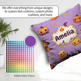 Custom Name Kawaii Halloween Pumpkin Witch Candy Seamless Purple Square Filled Cushion Throw Pillow Sofa Bed Home Decor Zip Washable UK Made