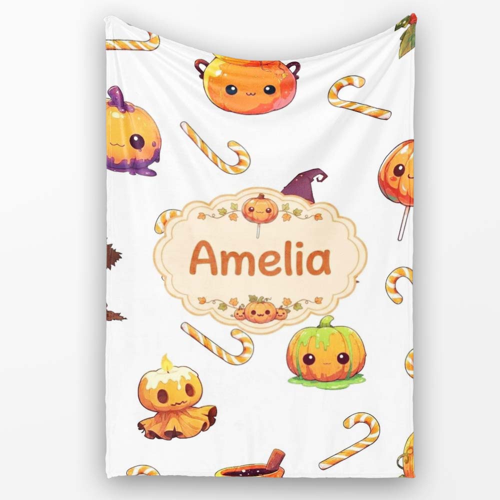 Cute Kawaii Halloween Pumpkin Witch Candy Seamless Pattern Grey  Personalised Custom Name Super Soft Fleece Blanket Bed Sofa Throw