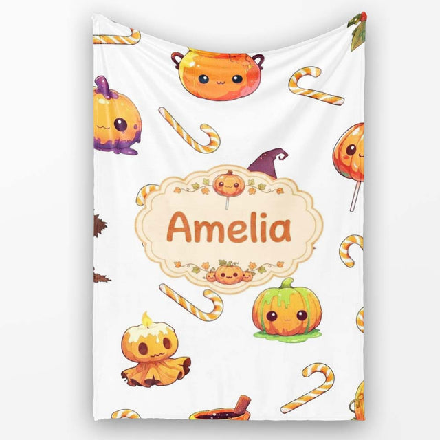 Cute Kawaii Halloween Pumpkin Witch Candy Seamless Pattern Grey  Personalised Custom Name Super Soft Fleece Blanket Bed Sofa Throw