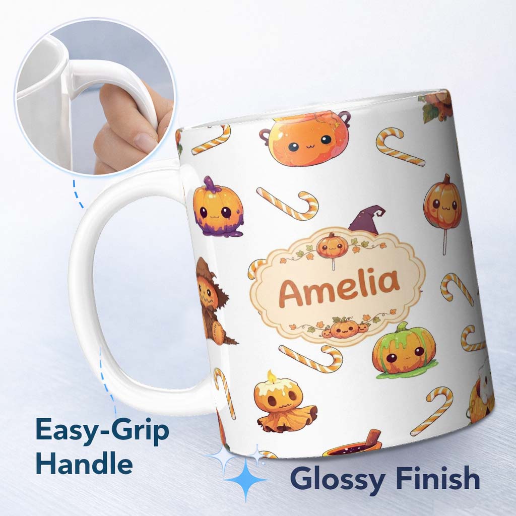 Personalized Custom Name Cute Kawaii Halloween Pumpkin Witch Candy Seamless Pattern Grey 11oz Ceramic Coffee Tea Mug White Large Handle
