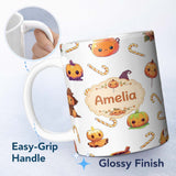 Personalized Custom Name Cute Kawaii Halloween Pumpkin Witch Candy Seamless Pattern Grey 11oz Ceramic Coffee Tea Mug White Large Handle