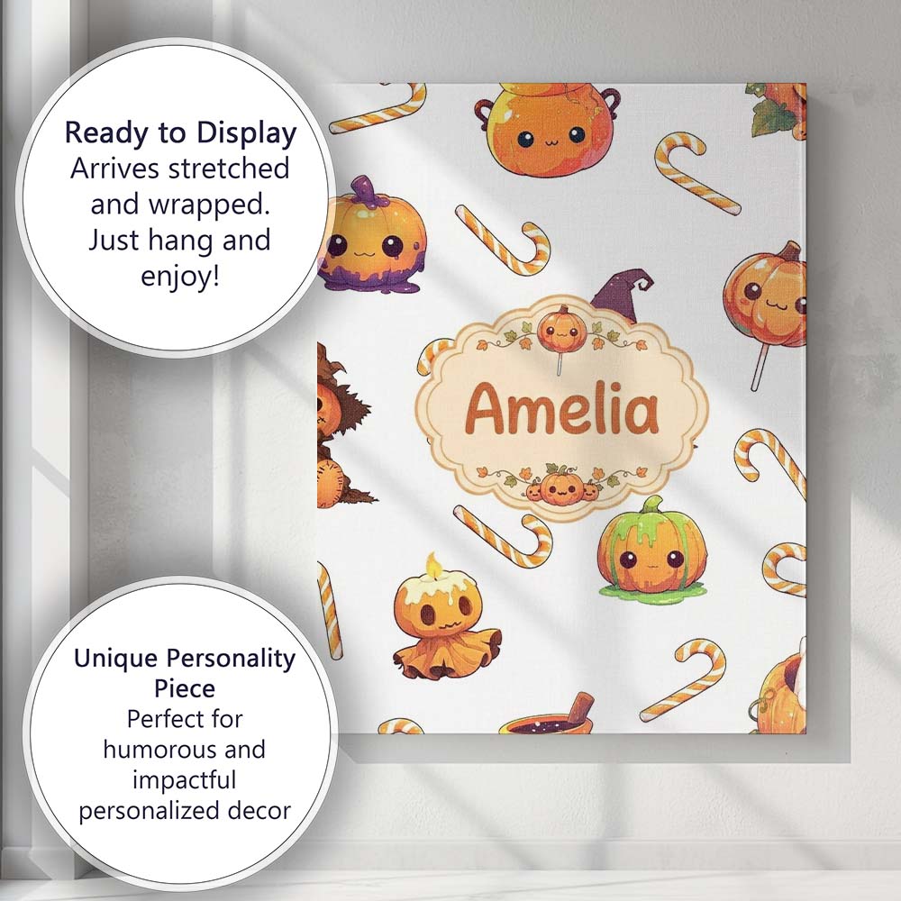 Personalised Name Cute Kawaii Halloween Custom  Modern Room Accent Elegant Feature Canvas Wall Art Print Decor Picture Ready to Hang