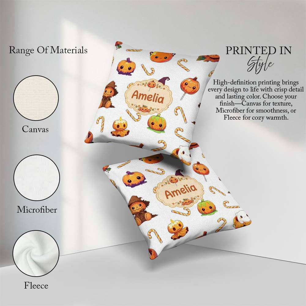 Custom Name Kawaii Halloween Pumpkin Witch Seamless Pattern Grey Square Filled Cushion Throw Pillow Sofa Bed Home Decor Zip Washable UK Made