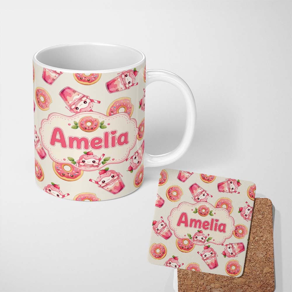 Personalized Custom Name Cute Kawaii Donuts and Strawberry Milkshake Cream Background 11oz Ceramic Coffee Tea Mug White Large Handle