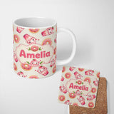Personalized Custom Name Cute Kawaii Donuts and Strawberry Milkshake Cream Background 11oz Ceramic Coffee Tea Mug White Large Handle