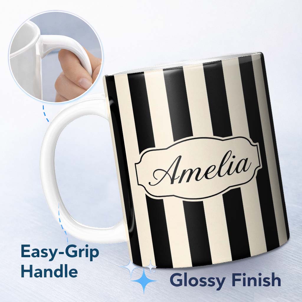 Personalized Custom Name Bold Wavy Black Cream Halloween Stripe Seamless Pattern Name Cute 11oz Ceramic Coffee Tea Mug White Large Handle