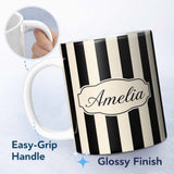 Personalized Custom Name Bold Wavy Black Cream Halloween Stripe Seamless Pattern Name Cute 11oz Ceramic Coffee Tea Mug White Large Handle