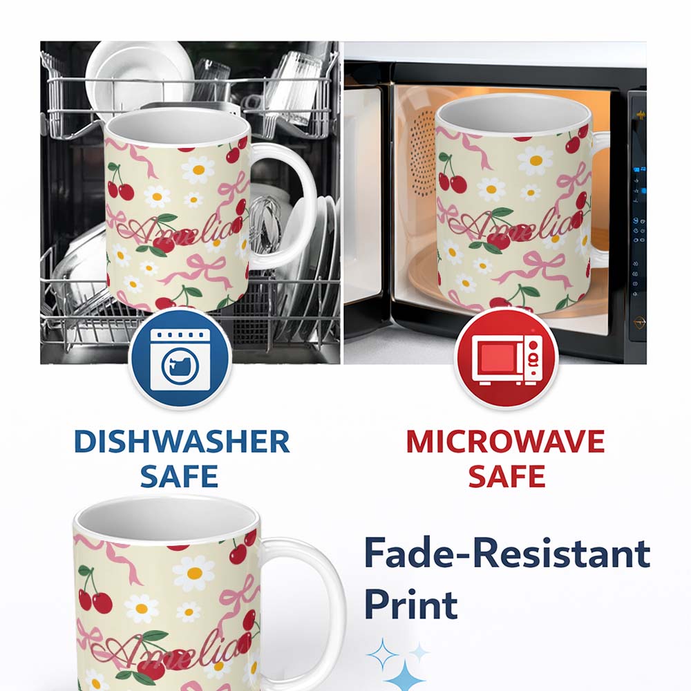 Personalized Custom Name Cute Cherry Bow and Daisy Seamless Pattern on Cream Cute Unique Gift 11oz Ceramic Coffee Tea Mug White Large Handle