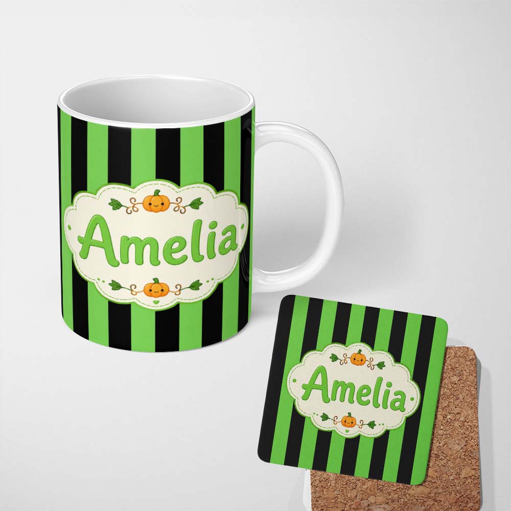 Personalized Custom Name Bold Wavy Green Black Halloween Stripe Seamless Pattern Name Cute 11oz Ceramic Coffee Tea Mug White Large Handle