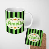 Personalized Custom Name Bold Wavy Green Black Halloween Stripe Seamless Pattern Name Cute 11oz Ceramic Coffee Tea Mug White Large Handle