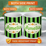 Personalized Custom Name Bold Wavy Green Black Halloween Stripe Seamless Pattern Name Cute 11oz Ceramic Coffee Tea Mug White Large Handle