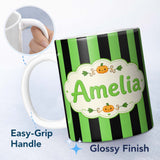 Personalized Custom Name Bold Wavy Green Black Halloween Stripe Seamless Pattern Name Cute 11oz Ceramic Coffee Tea Mug White Large Handle
