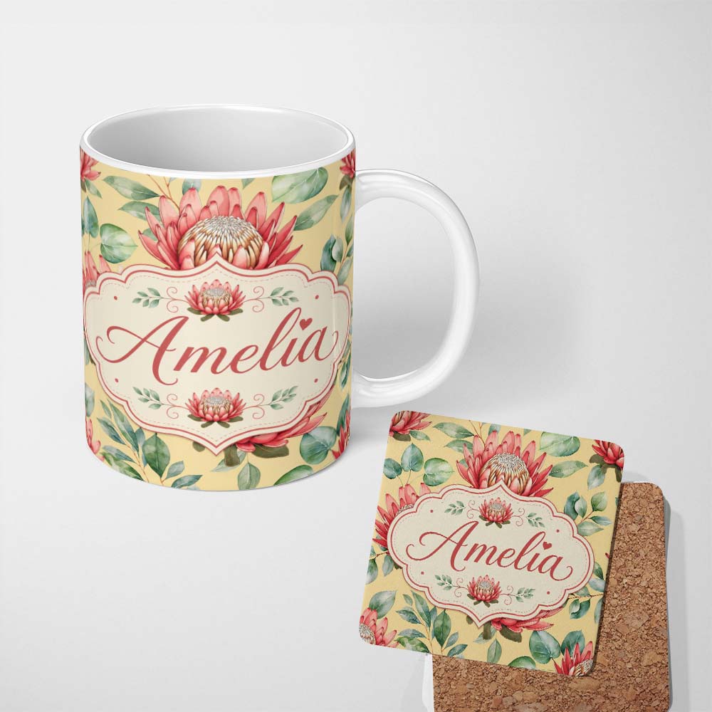 Personalized Custom Name Coral Protea Flowers on Soft Yellow Background Seamless Botanical 11oz Ceramic Coffee Tea Mug White Large Handle