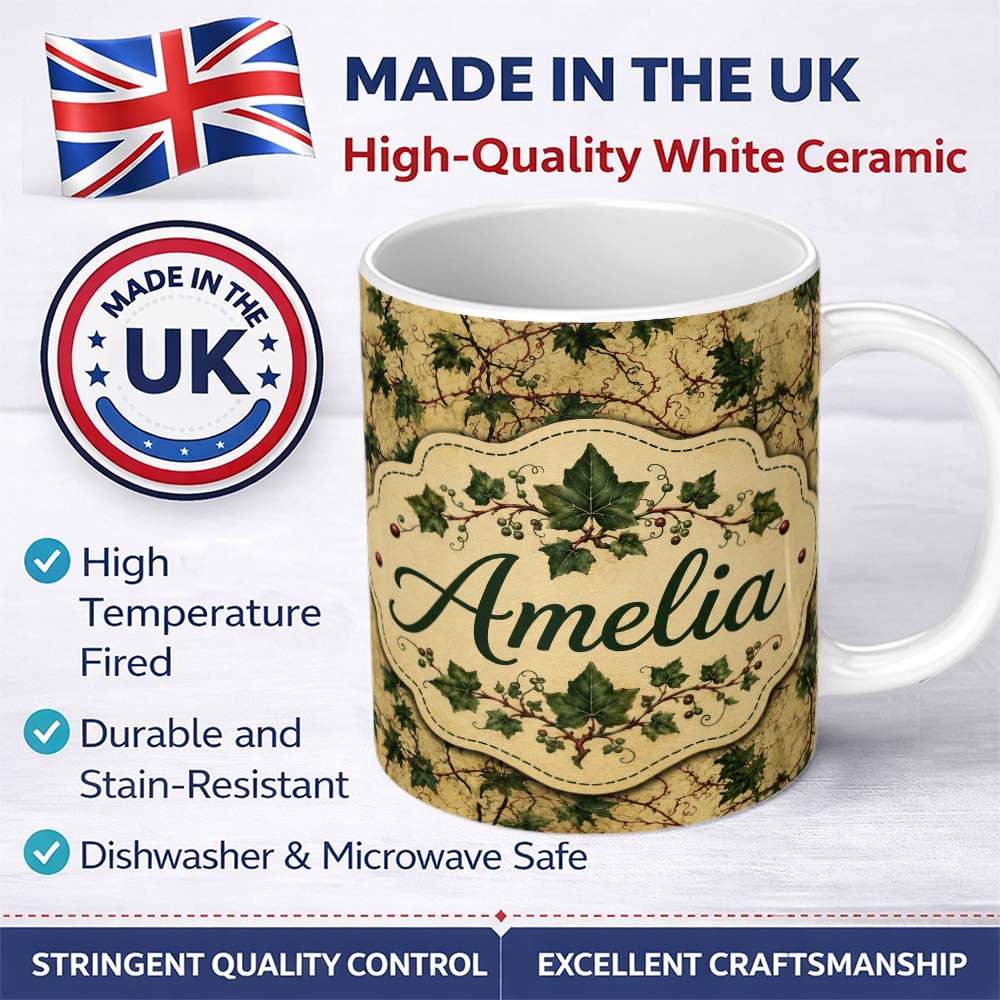 Personalized Custom Name Vintage Maple Leaf Branches on Textured Beige Seamless Pattern 11oz Ceramic Coffee Tea Mug White Large Handle