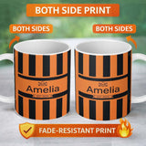 Personalized Custom Name Bold Wavy Orange Black Halloween Stripe Seamless Pattern Name Cute 11oz Ceramic Coffee Tea Mug White Large Handle