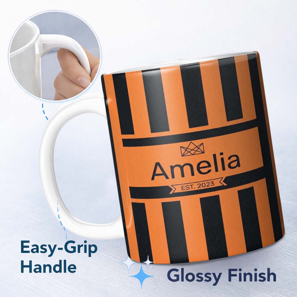 Personalized Custom Name Bold Wavy Orange Black Halloween Stripe Seamless Pattern Name Cute 11oz Ceramic Coffee Tea Mug White Large Handle