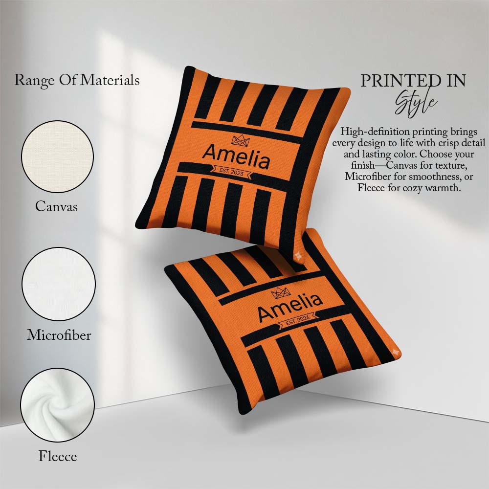 Custom Name Bold Wavy Orange Black Halloween Stripe Pattern Name Square Filled Cushion Throw Pillow Sofa Bed Home Decor Zip Washable UK Made