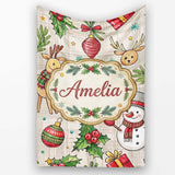 Festive Christmas Reindeer Wreath Snowman Seamless Pattern Lovely  Personalised Custom Name Super Soft Fleece Blanket Bed Sofa Throw