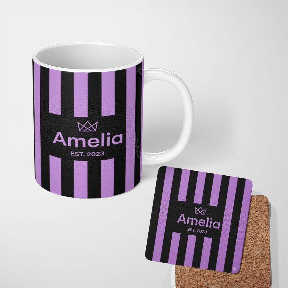 Personalized Custom Name Bold Wavy Purple Black Halloween Stripe Seamless Pattern Name Cute 11oz Ceramic Coffee Tea Mug White Large Handle