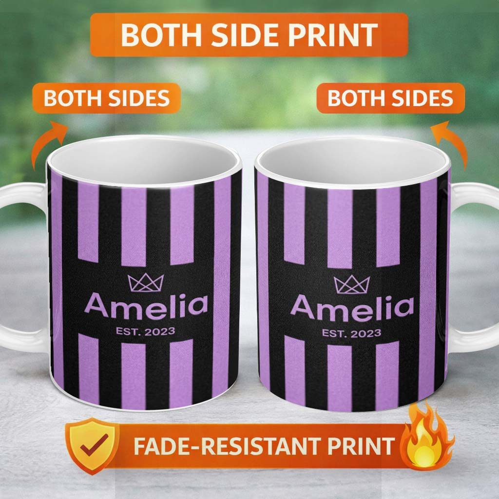 Personalized Custom Name Bold Wavy Purple Black Halloween Stripe Seamless Pattern Name Cute 11oz Ceramic Coffee Tea Mug White Large Handle