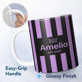 Personalized Custom Name Bold Wavy Purple Black Halloween Stripe Seamless Pattern Name Cute 11oz Ceramic Coffee Tea Mug White Large Handle