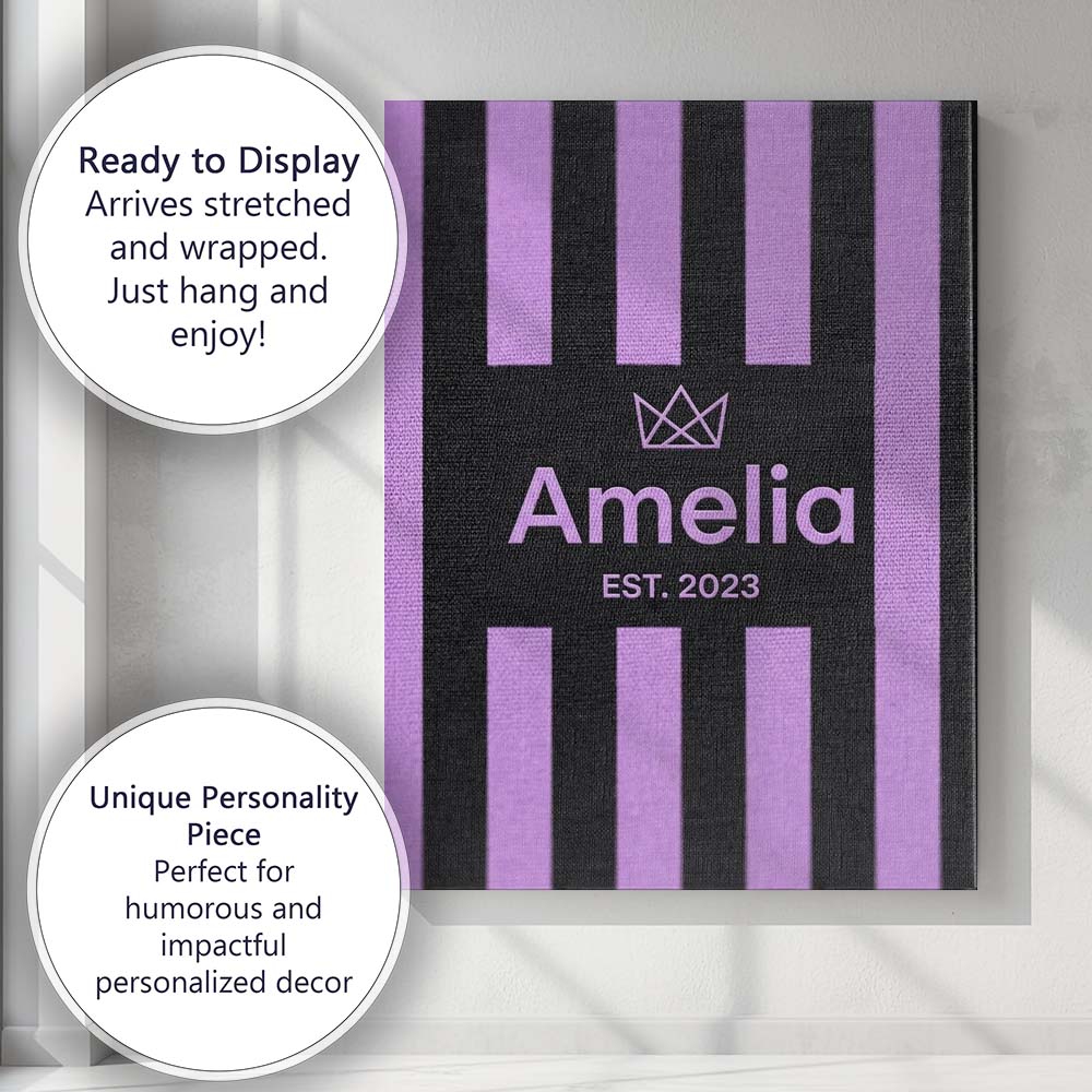 Personalised Name Bold Wavy Purple Black Custom  Unique Gift Idea Elegant Feature Canvas Wall Art Print Decor Picture Ready to Hang