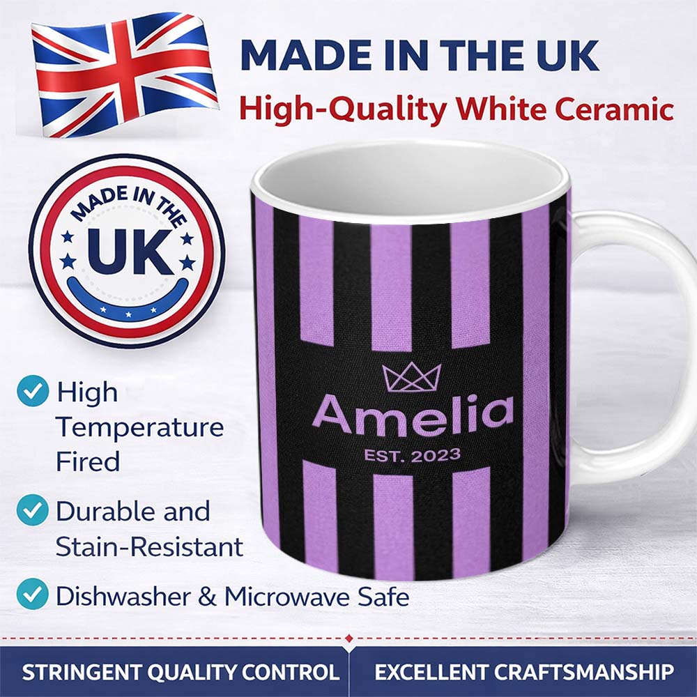 Personalized Custom Name Bold Wavy Purple Black Halloween Stripe Seamless Pattern Name Cute 11oz Ceramic Coffee Tea Mug White Large Handle