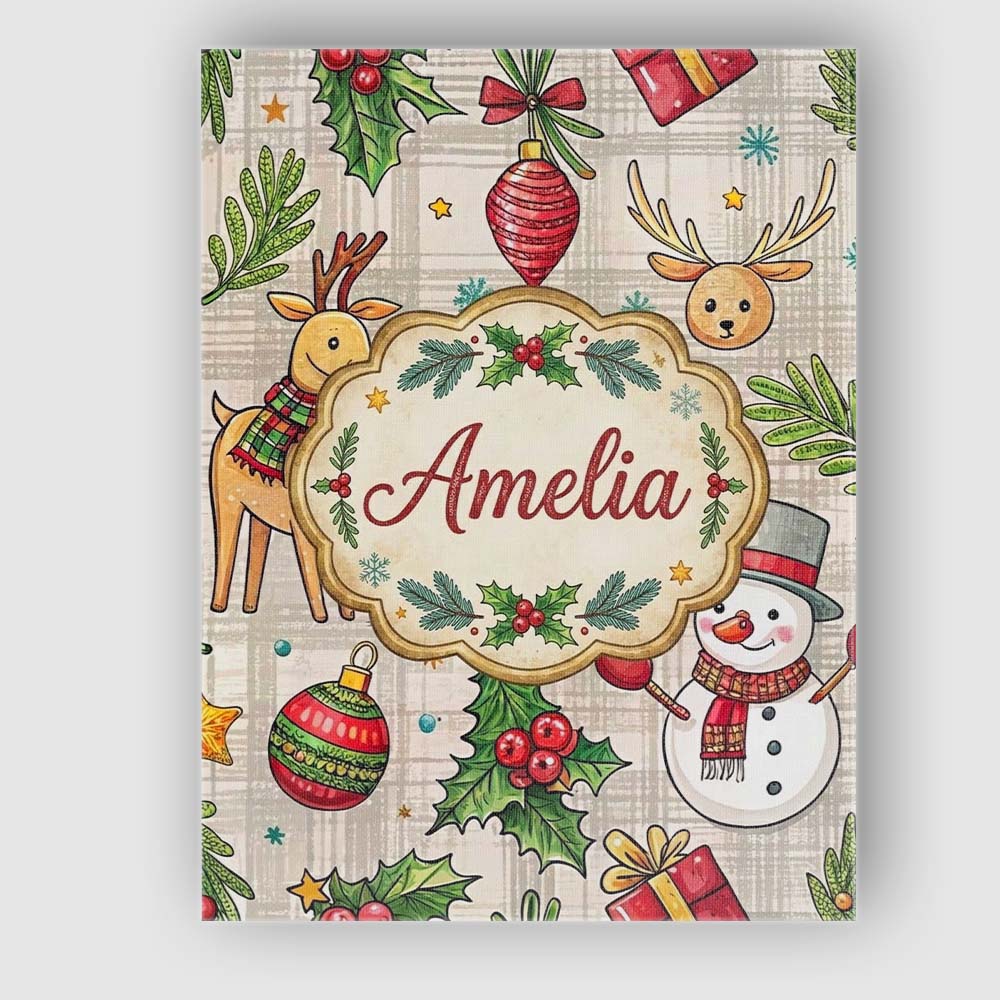 Personalised Name Festive Christmas Reindeer Wreath Snowman Seamless Custom  Home Canvas Wall Art Print Decor Picture Ready to Hang