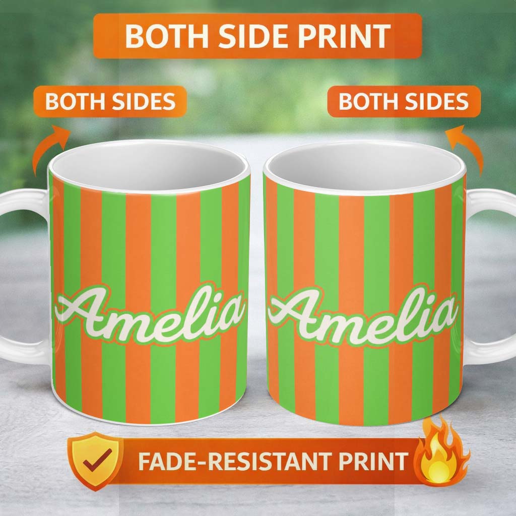 Personalized Custom Name Bold Wavy Orange Green Halloween Stripe Seamless Pattern Name Cute 11oz Ceramic Coffee Tea Mug White Large Handle