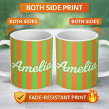Personalized Custom Name Bold Wavy Orange Green Halloween Stripe Seamless Pattern Name Cute 11oz Ceramic Coffee Tea Mug White Large Handle