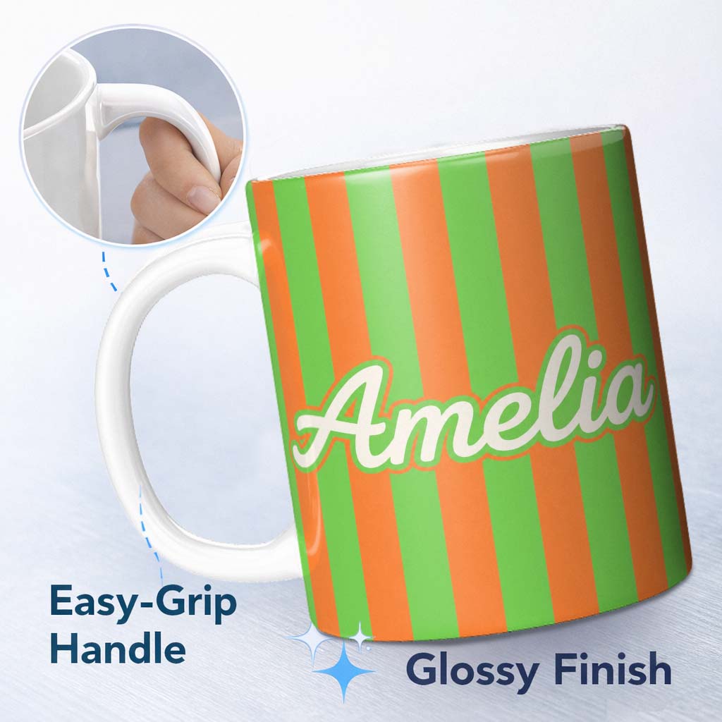 Personalized Custom Name Bold Wavy Orange Green Halloween Stripe Seamless Pattern Name Cute 11oz Ceramic Coffee Tea Mug White Large Handle