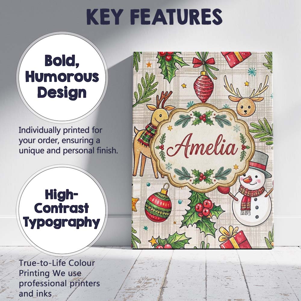 Personalised Name Festive Christmas Reindeer Wreath Snowman Seamless Custom  Home Canvas Wall Art Print Decor Picture Ready to Hang