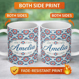 Personalized Custom Name Blue and Red Floral Mandala Tile Seamless Pattern Cute Unique Gift 11oz Ceramic Coffee Tea Mug White Large Handle
