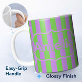 Personalized Custom Name Bold Wavy Purple Green Halloween Stripe Seamless Pattern Name Cute 11oz Ceramic Coffee Tea Mug White Large Handle