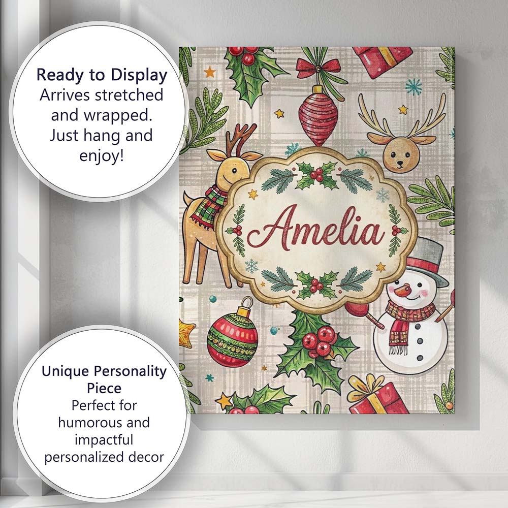 Personalised Name Festive Christmas Reindeer Wreath Snowman Seamless Custom  Home Canvas Wall Art Print Decor Picture Ready to Hang
