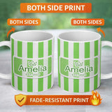 Personalized Custom Name Bold Wavy Green White Halloween Stripe Seamless Pattern Name Cute 11oz Ceramic Coffee Tea Mug White Large Handle