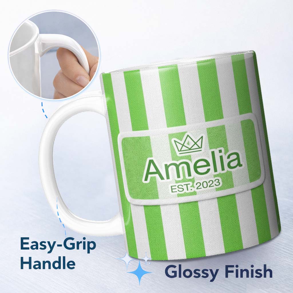 Personalized Custom Name Bold Wavy Green White Halloween Stripe Seamless Pattern Name Cute 11oz Ceramic Coffee Tea Mug White Large Handle
