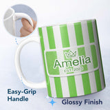 Personalized Custom Name Bold Wavy Green White Halloween Stripe Seamless Pattern Name Cute 11oz Ceramic Coffee Tea Mug White Large Handle
