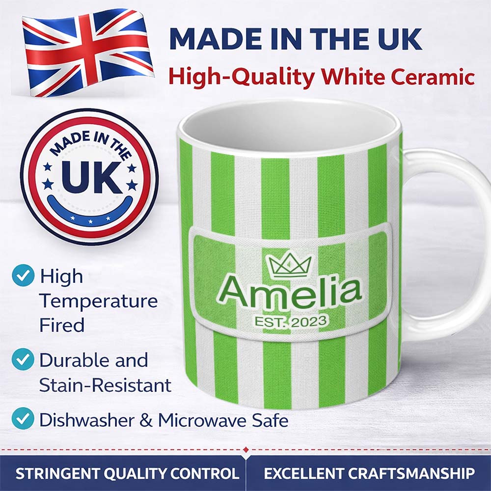 Personalized Custom Name Bold Wavy Green White Halloween Stripe Seamless Pattern Name Cute 11oz Ceramic Coffee Tea Mug White Large Handle
