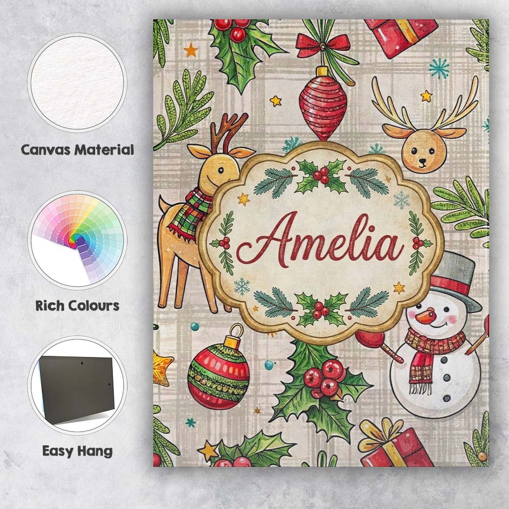 Personalised Name Festive Christmas Reindeer Wreath Snowman Seamless Custom  Home Canvas Wall Art Print Decor Picture Ready to Hang