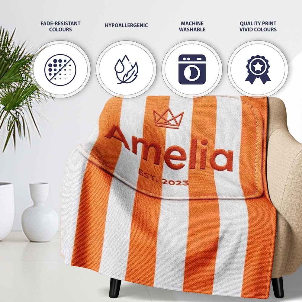 Bold Wavy Orange White Halloween Stripe Seamless Pattern Name Cute  Personalised Custom Name Super Soft Fleece Blanket Bed Sofa Throw