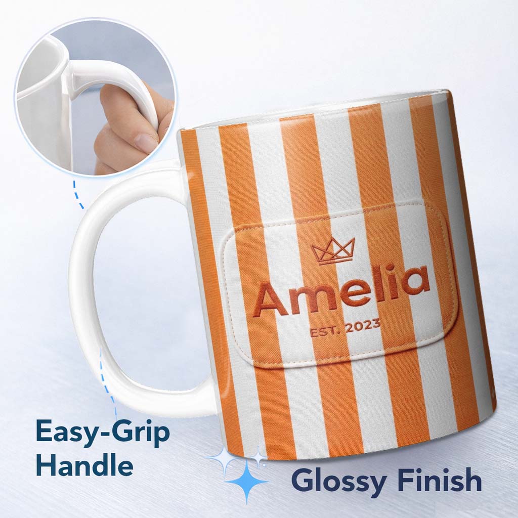Personalized Custom Name Bold Wavy Orange White Halloween Stripe Seamless Pattern Name Cute 11oz Ceramic Coffee Tea Mug White Large Handle