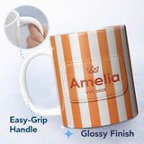 Personalized Custom Name Bold Wavy Orange White Halloween Stripe Seamless Pattern Name Cute 11oz Ceramic Coffee Tea Mug White Large Handle