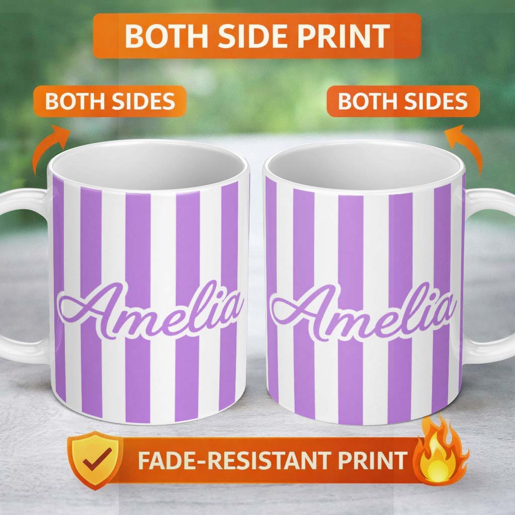 Personalized Custom Name Bold Wavy Purple White Halloween Stripe Seamless Pattern Name Cute 11oz Ceramic Coffee Tea Mug White Large Handle